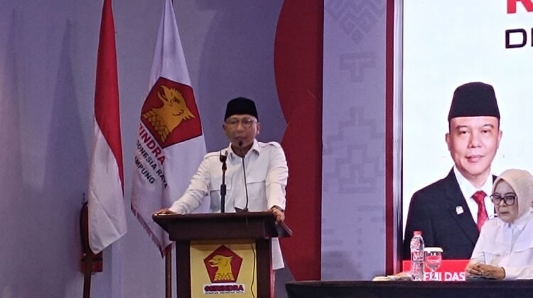 Ketua DPD Partai Gerindra Provinsi Lampung Rahmat Mirzani Djausal dalam sambutan Rapat Koordinasi Daerah DPD Partai Gerindra Provinsi Lampung, Jumat (31/01/2025). 