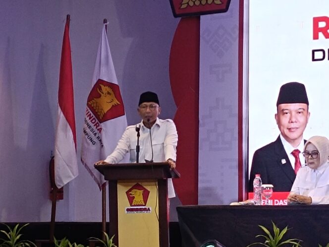 
					Ketua DPD Partai Gerindra Provinsi Lampung Rahmat Mirzani Djausal dalam sambutan Rapat Koordinasi Daerah DPD Partai Gerindra Provinsi Lampung, Jumat (31/01/2025). 