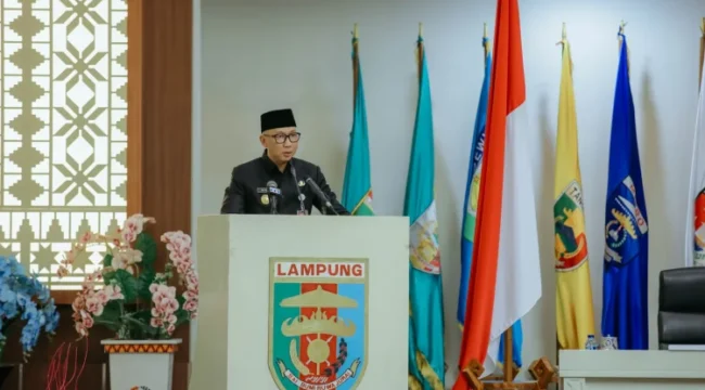 Gubernur Lampung Rahmat Mirzani Djausal dalam sambutannya atas penyampaian laporan Pansus LKPJ DPRD Provinsi Lampung, Senin 25/05/2026. (Dok Admin) 